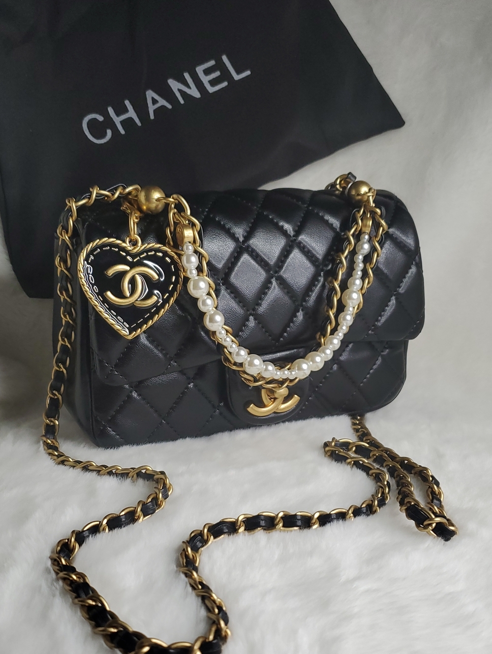 Cc Black Quilted Shoulder Bag with Gold Hardware and Pearl Strap